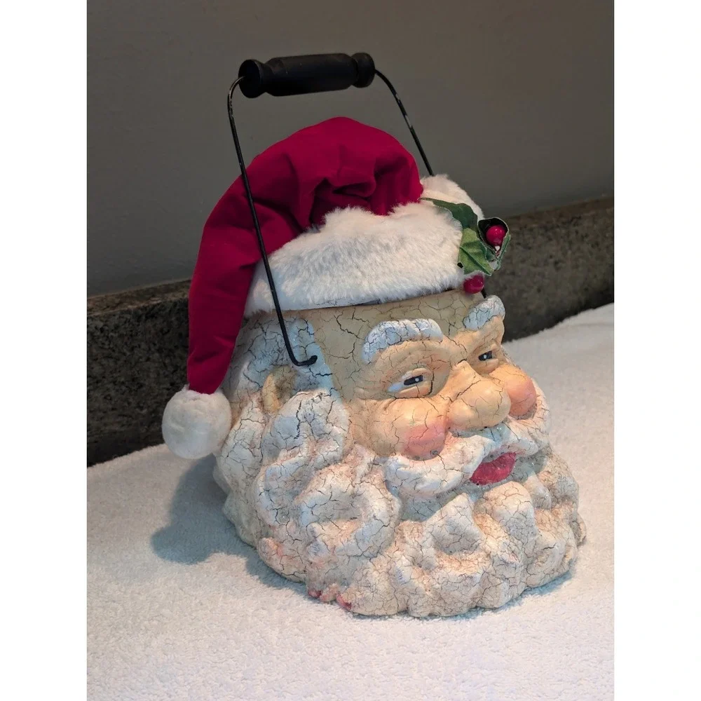 Crackling St. Nick Santa Claus Head Vintage Paper Mache Basket Bucket Handle
